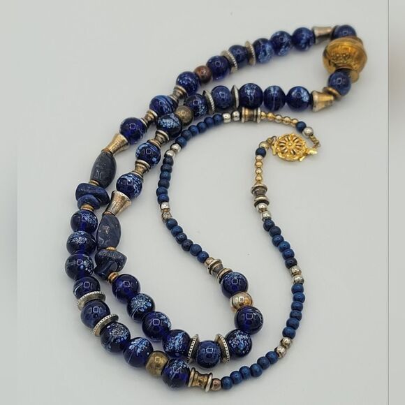 Necklace Blue Glass Beads & Metal Beads Bohemian Handmade Necklace #442 - Picture 8 of 15